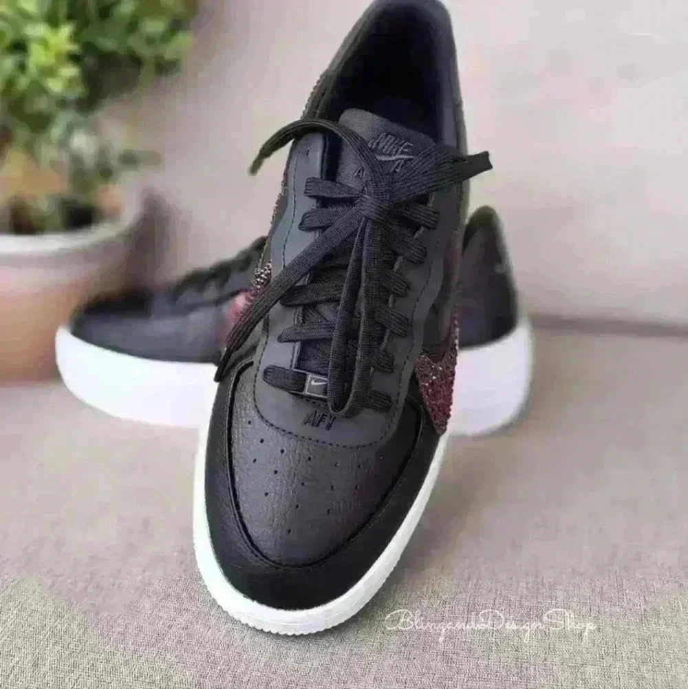 Womens Bling Nike Air Force 1 PLT.AF.ORM Black White Shoes Custom with Crystals - Picture 5 of 10